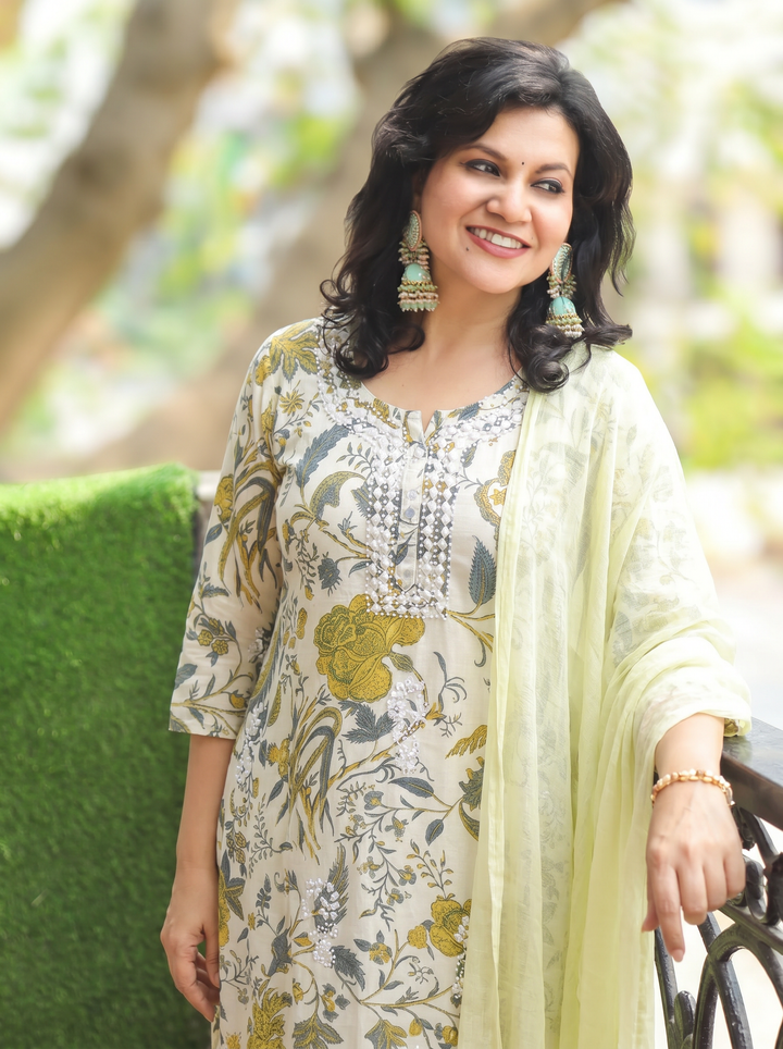 Shadvi Butter Yellow Floral Cotton 3 Piece Set