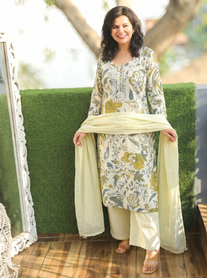 Shadvi Butter Yellow Floral Cotton 3 Piece Set