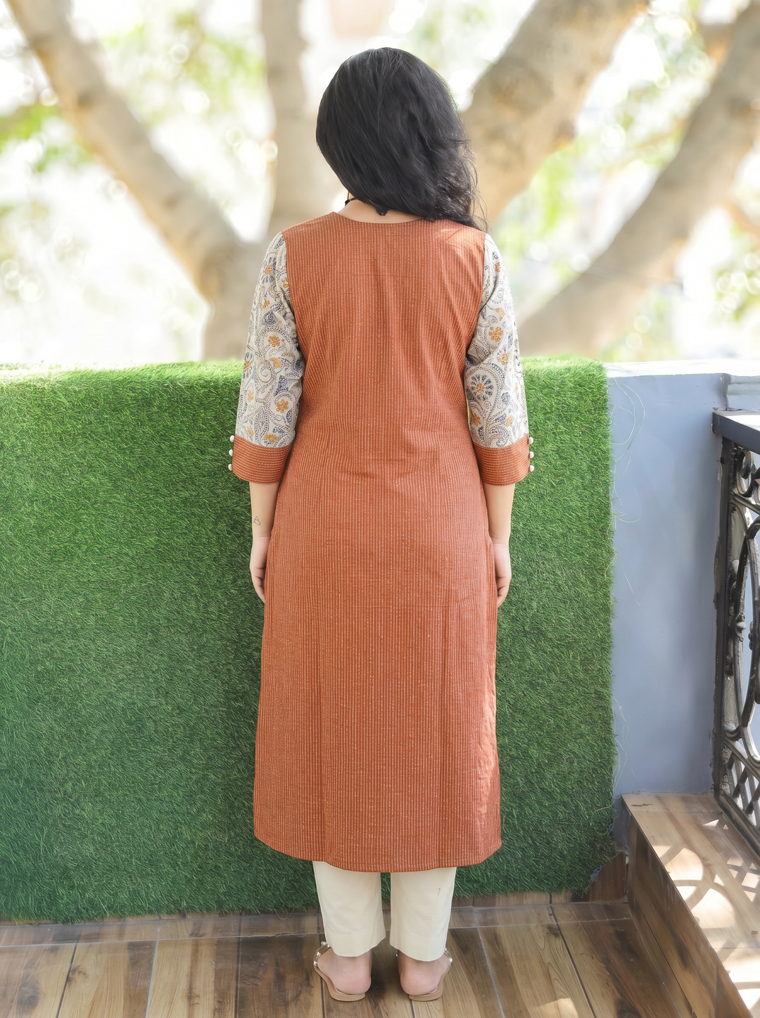 Padma Rust Orange Running Stitch Panel Cotton Kurti
