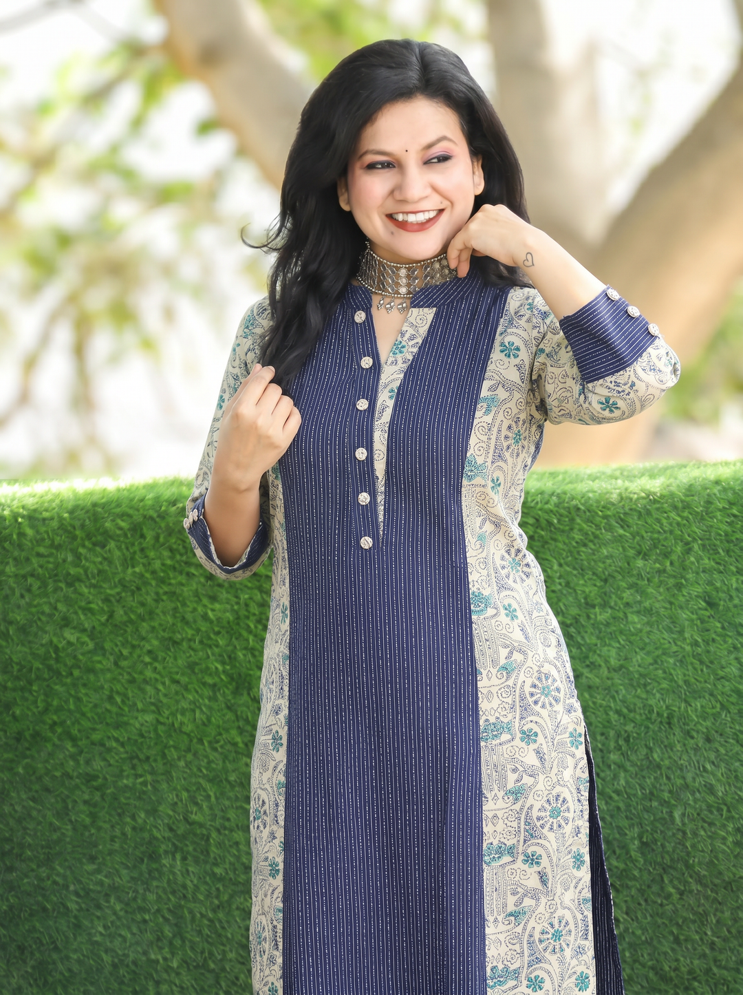 Padma Navy Blue Running Stitch Panel Cotton Kurti