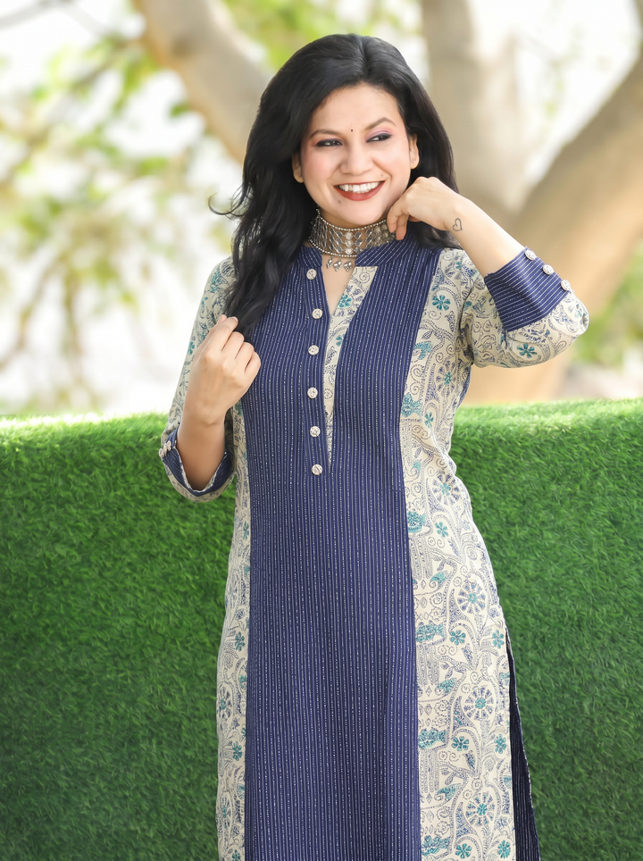 Padma Navy Blue Running Stitch Panel Cotton Kurti