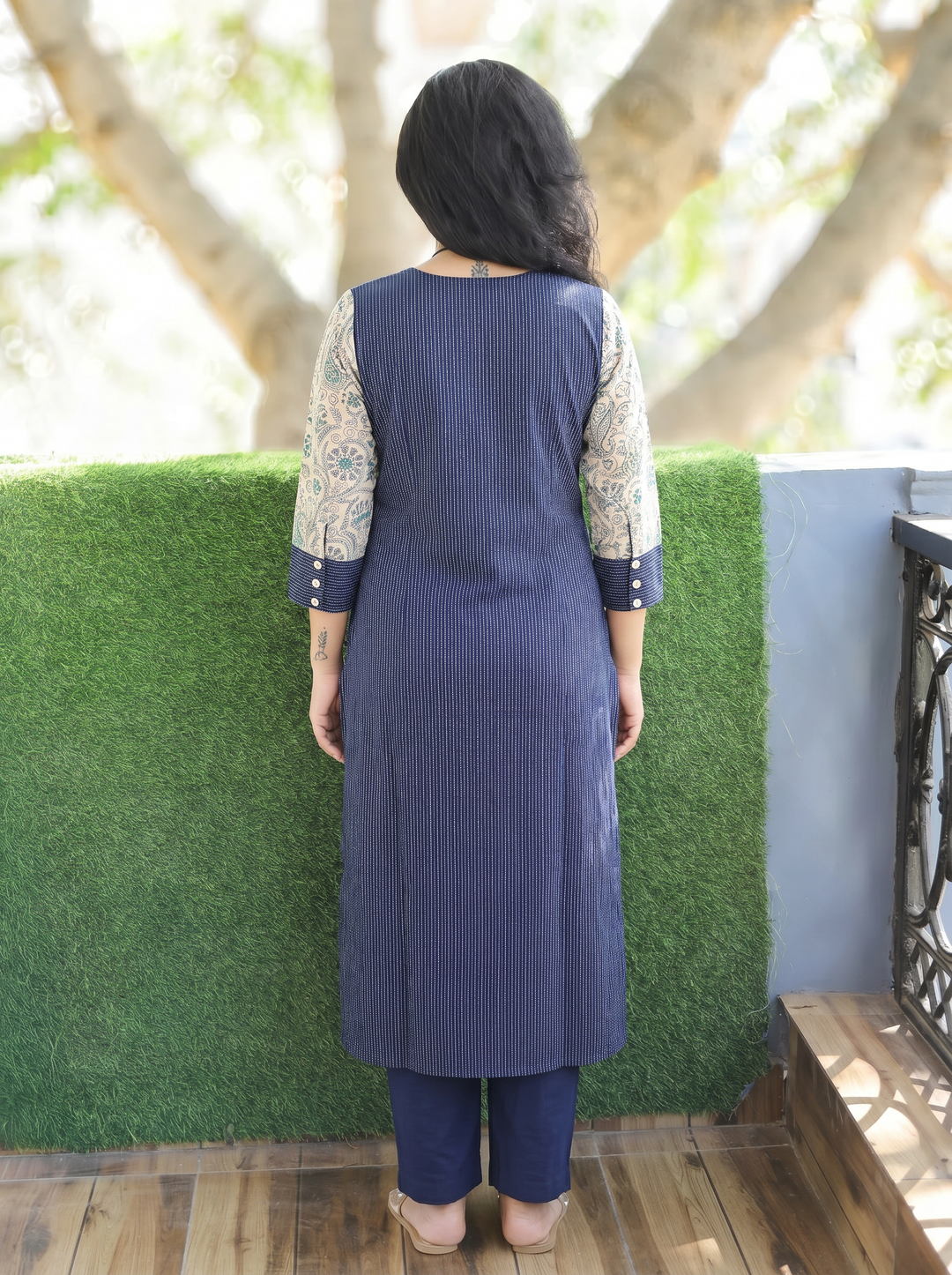 Padma Navy Blue Running Stitch Panel Cotton Kurti
