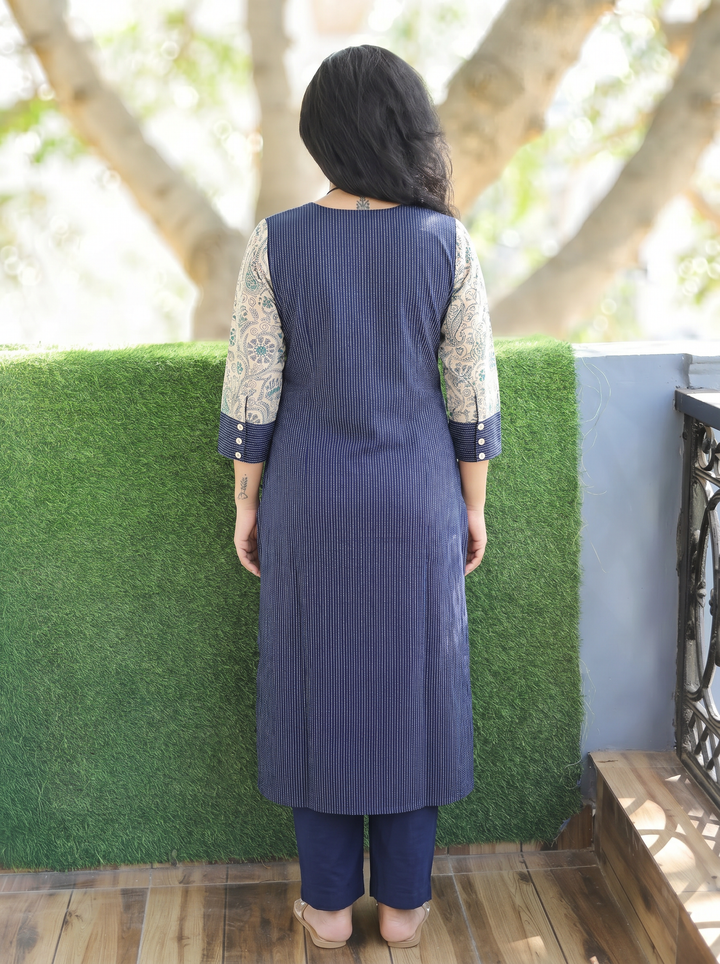 Padma Navy Blue Running Stitch Panel Cotton Kurti