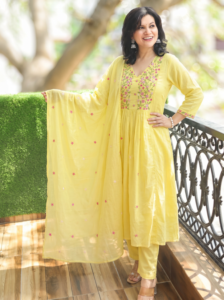 Jannat Butter Yellow Embroidered 3 Piece Set