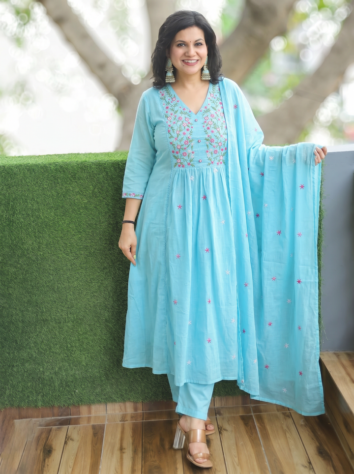Jannat Aqua Blue Embroidered 3 Piece Set