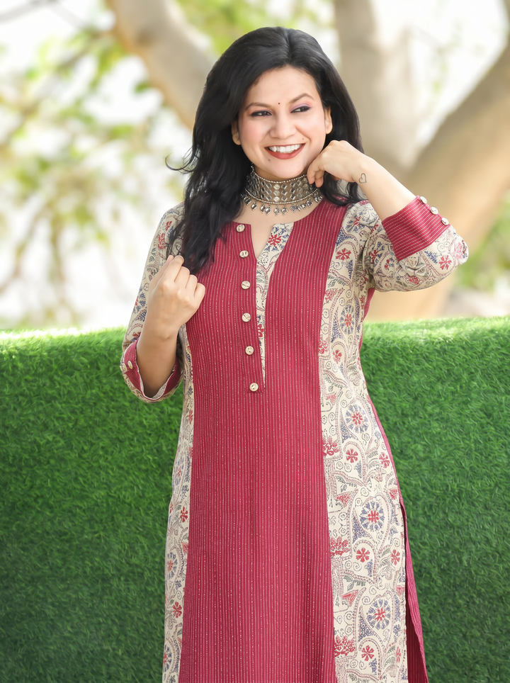 Padma Maroon Red Running Stitch Panel Cotton Kurti