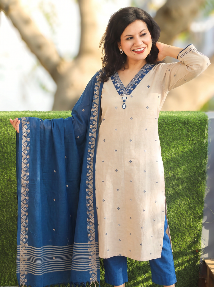 Emily Beige with Blue Weaved South Cotton 3 Piece Set