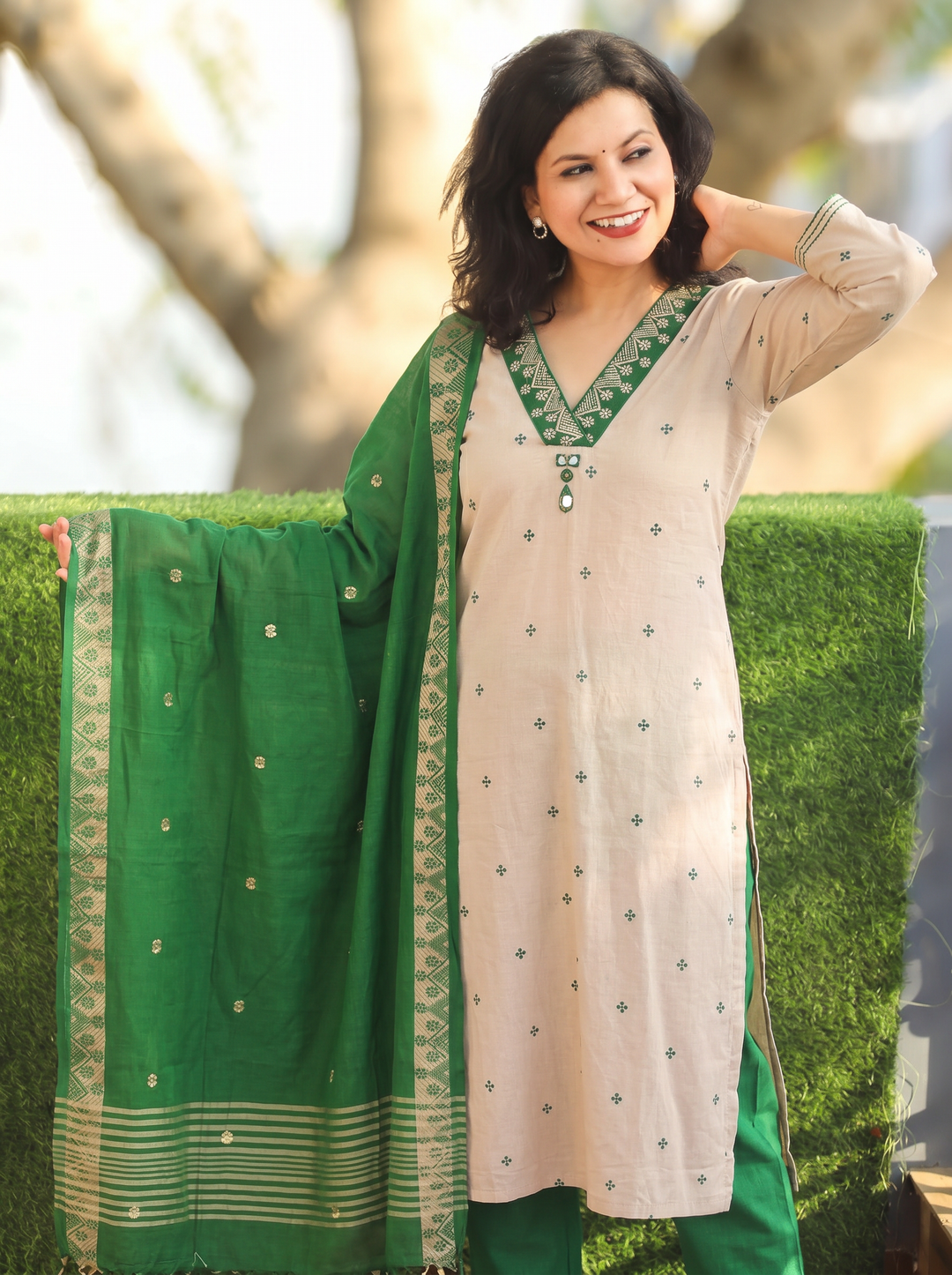 Emily Beige with Green Weaved South Cotton 3 Piece Set