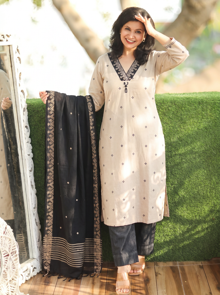 Emily Beige with Black Weaved South Cotton 3 Piece Set