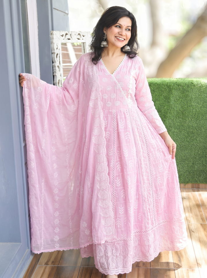 Sophia Pink Anarkali Mul Cotton 3 Piece Set