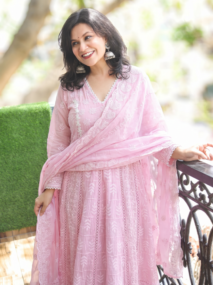 Sophia Pink Anarkali Mul Cotton 3 Piece Set