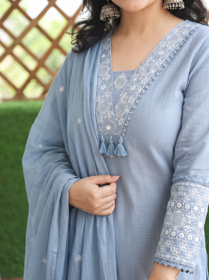 Shadvi Greish Blue Embroidered Cotton 3 Piece Set