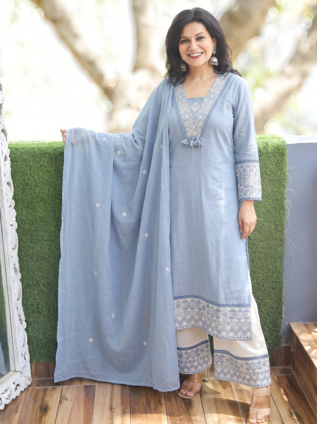 Shadvi Greish Blue Embroidered Cotton 3 Piece Set