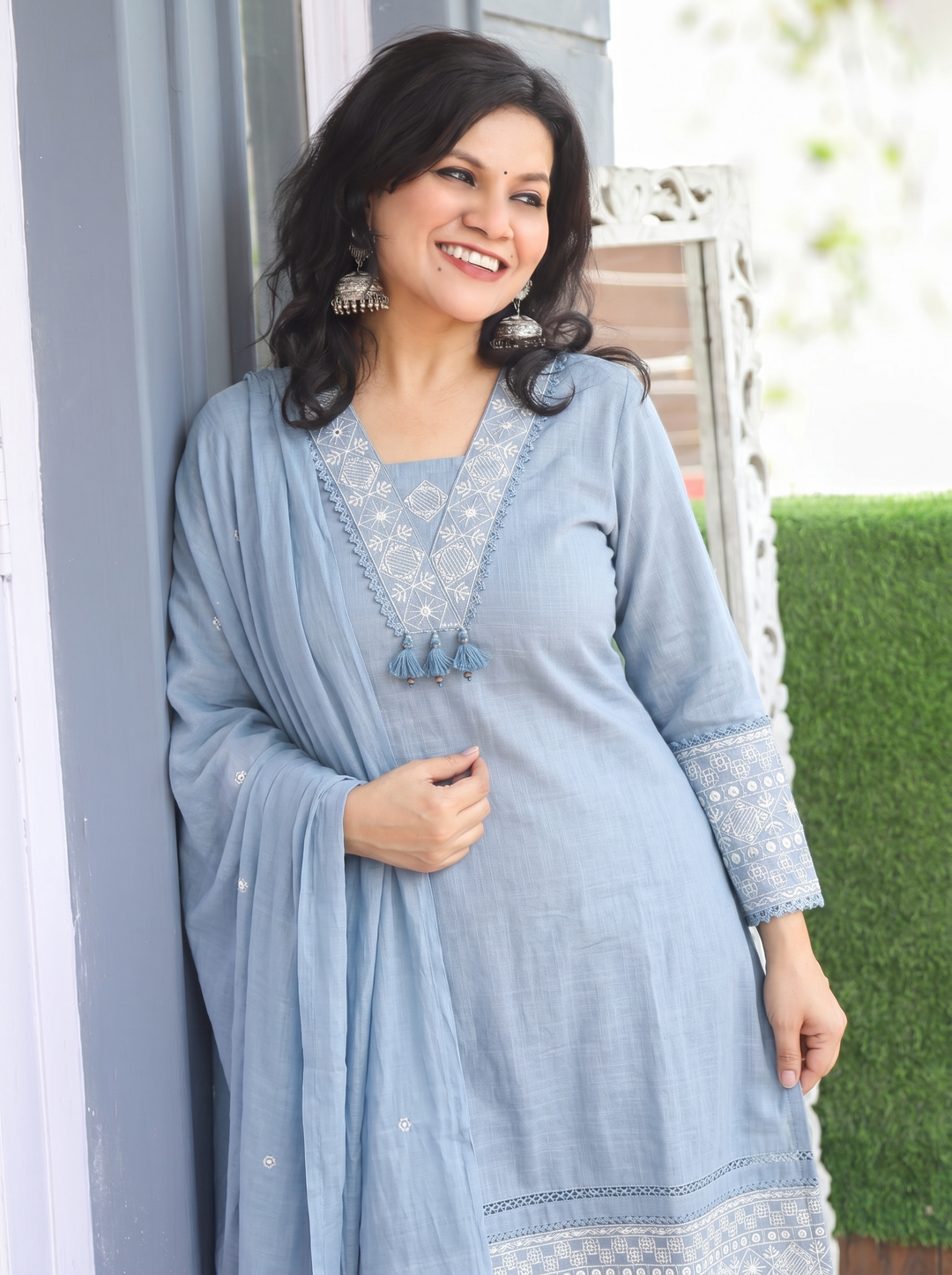 Shadvi Greish Blue Embroidered Cotton 3 Piece Set