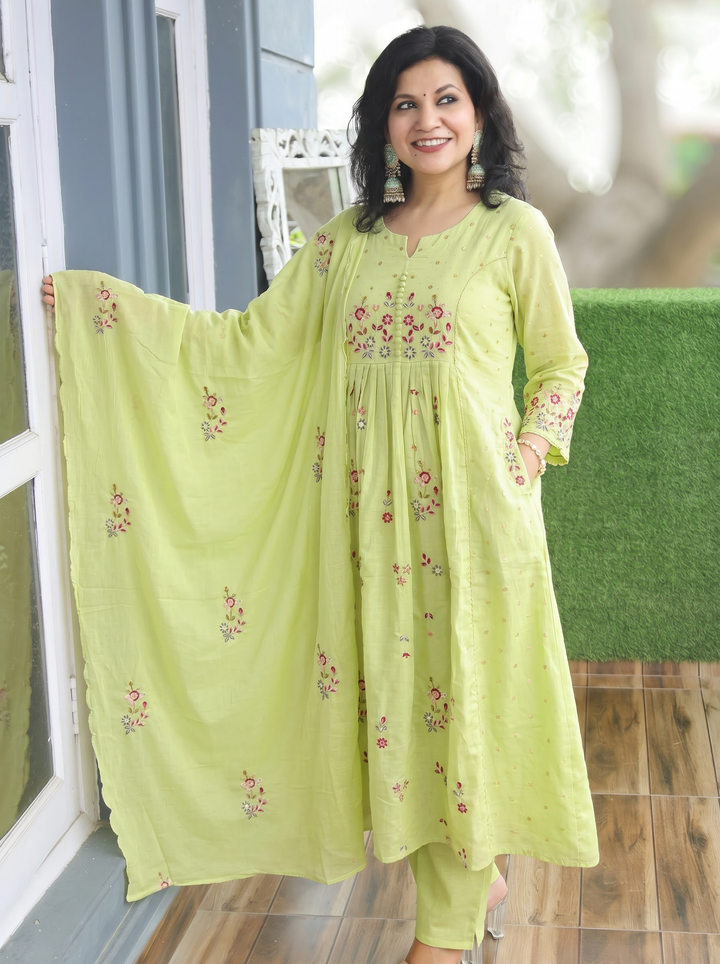 Jannat Green Embroidered Mul Cotton 3 Piece Set