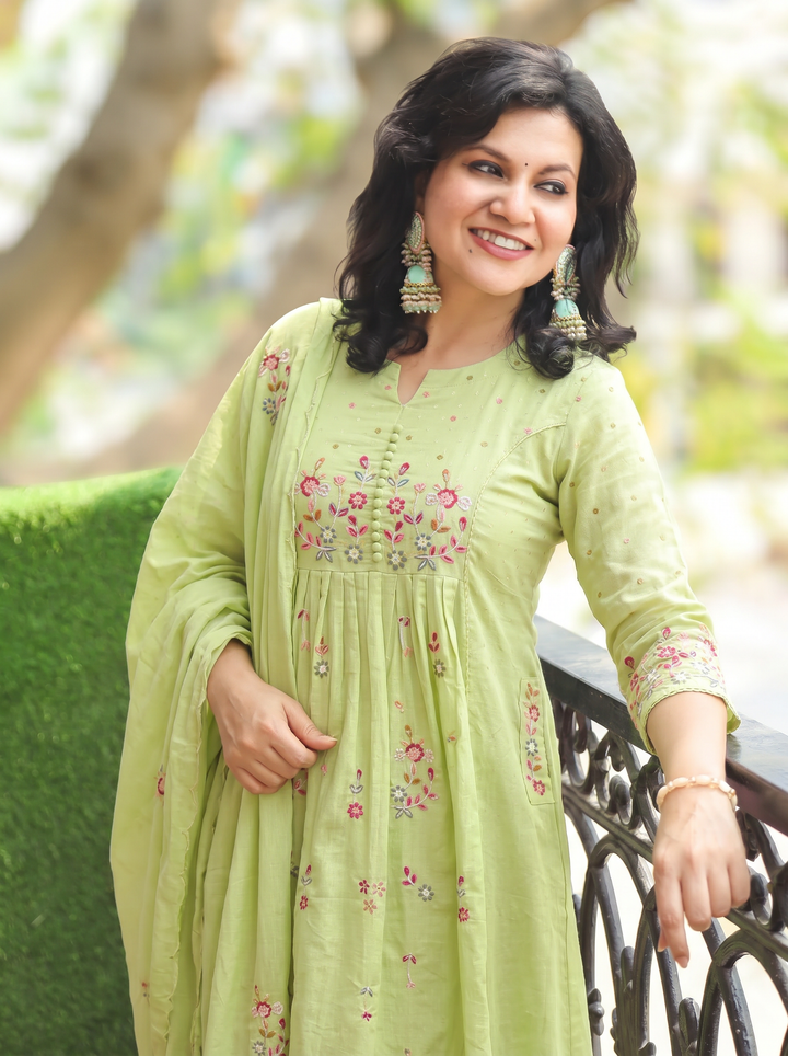 Jannat Green Embroidered Mul Cotton 3 Piece Set