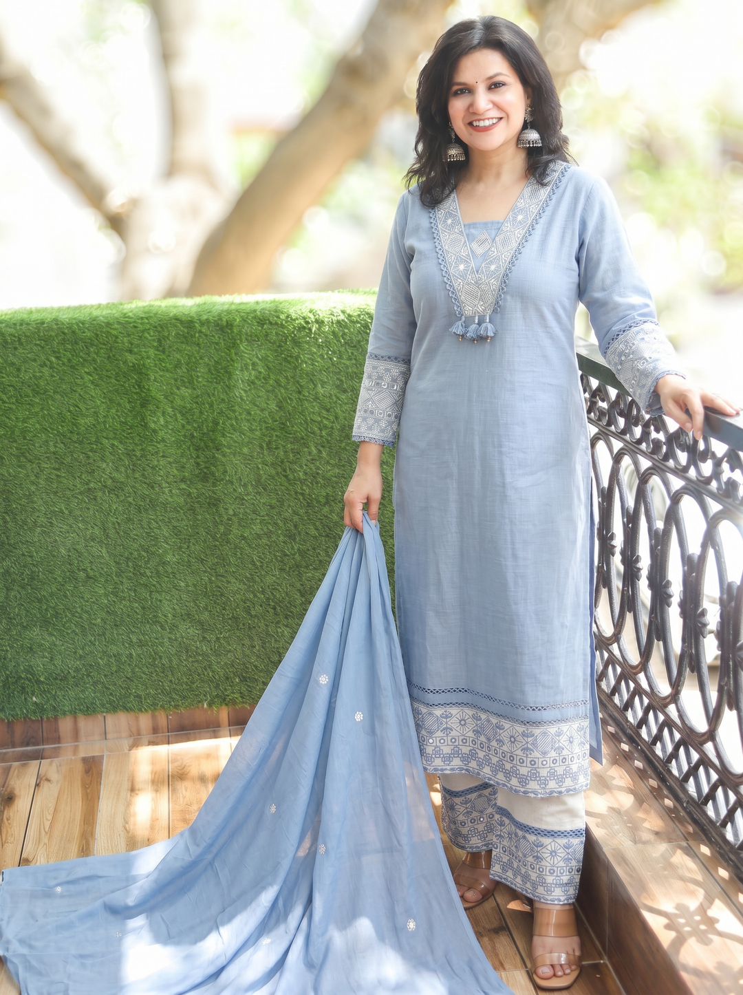 Shadvi Greish Blue Embroidered Cotton 3 Piece Set