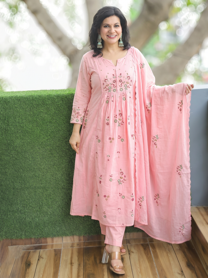 Jannat Pink Embroidered Mul Cotton 3 Piece Set