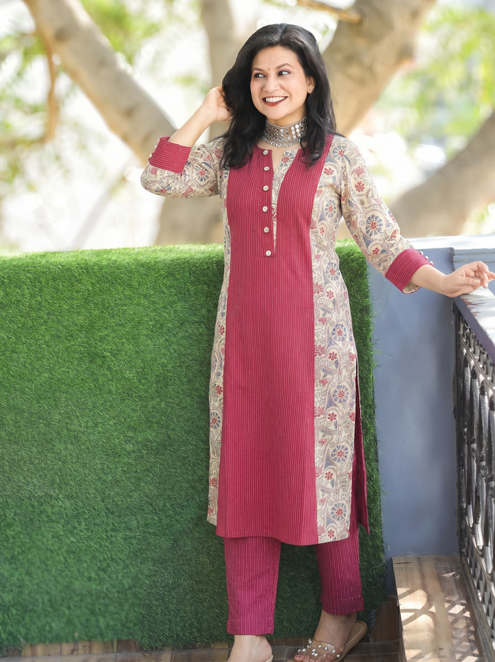 Padma Maroon Red Running Stitch Panel Cotton Kurti