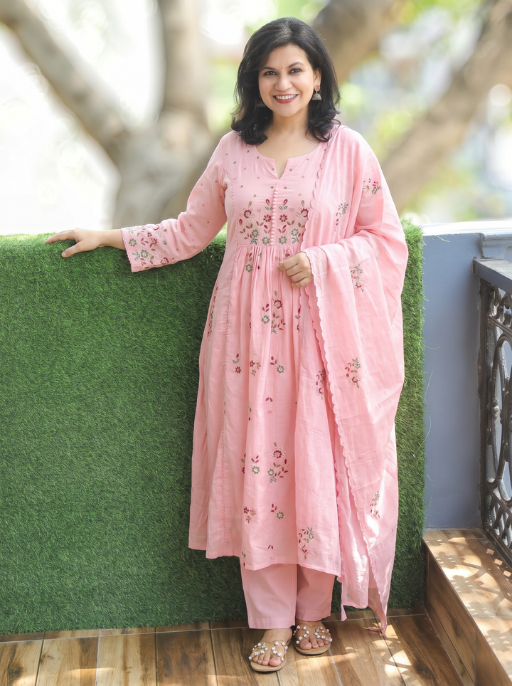 Jannat Pink Embroidered Mul Cotton 3 Piece Set
