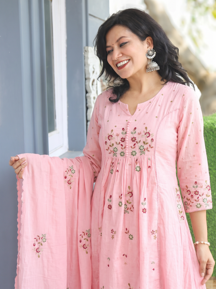 Jannat Pink Embroidered Mul Cotton 3 Piece Set