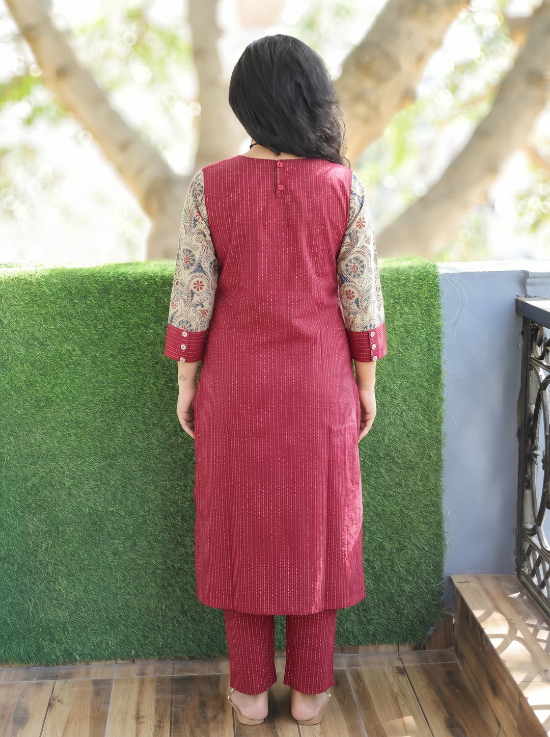 Padma Maroon Red Running Stitch Panel Cotton Kurti