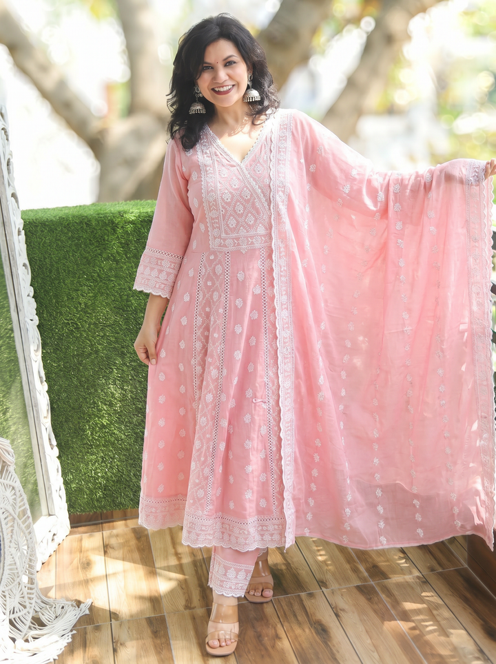 Millie Coral Peach Anarkali Mul Cotton 3 Piece Set