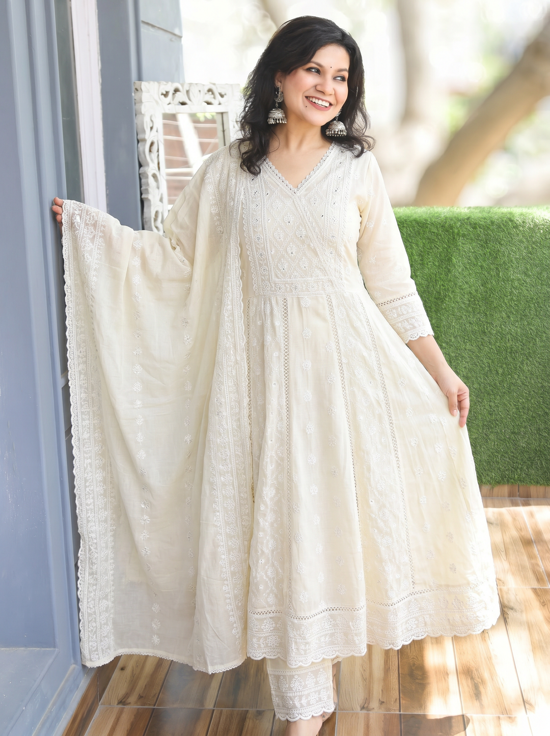 Millie Cream White Anarkali Mul Cotton 3 Piece Set