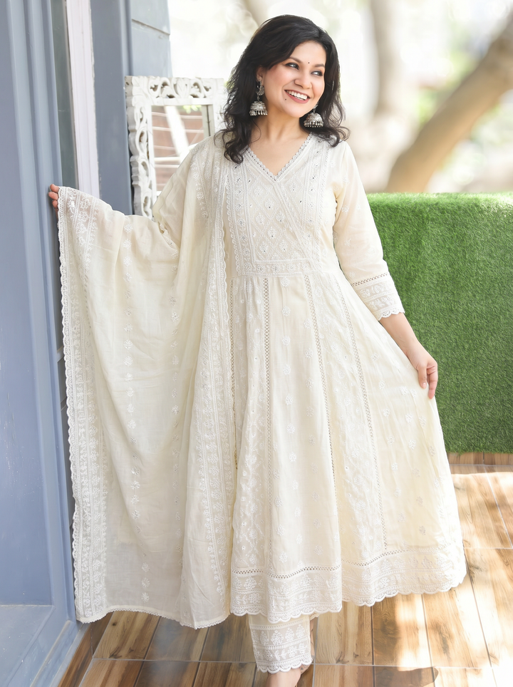 Millie Cream White Anarkali Mul Cotton 3 Piece Set