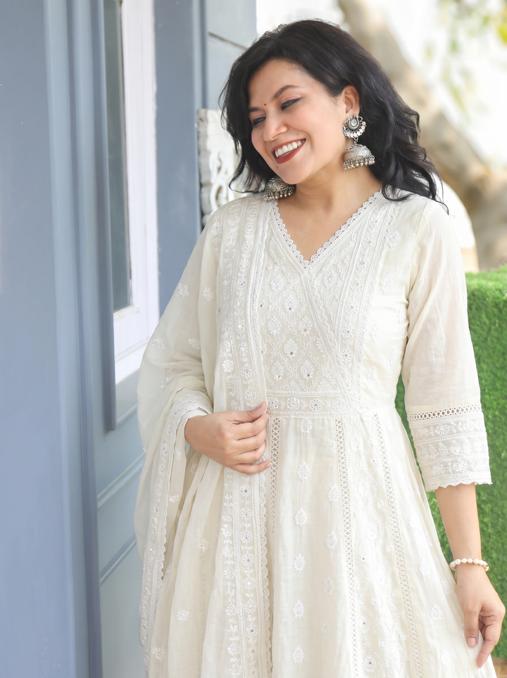 Millie Cream White Anarkali Mul Cotton 3 Piece Set