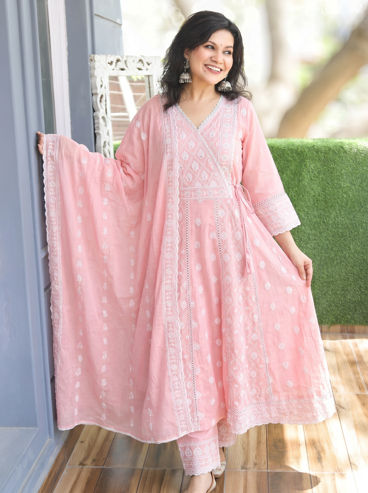Millie Coral Peach Anarkali Mul Cotton 3 Piece Set