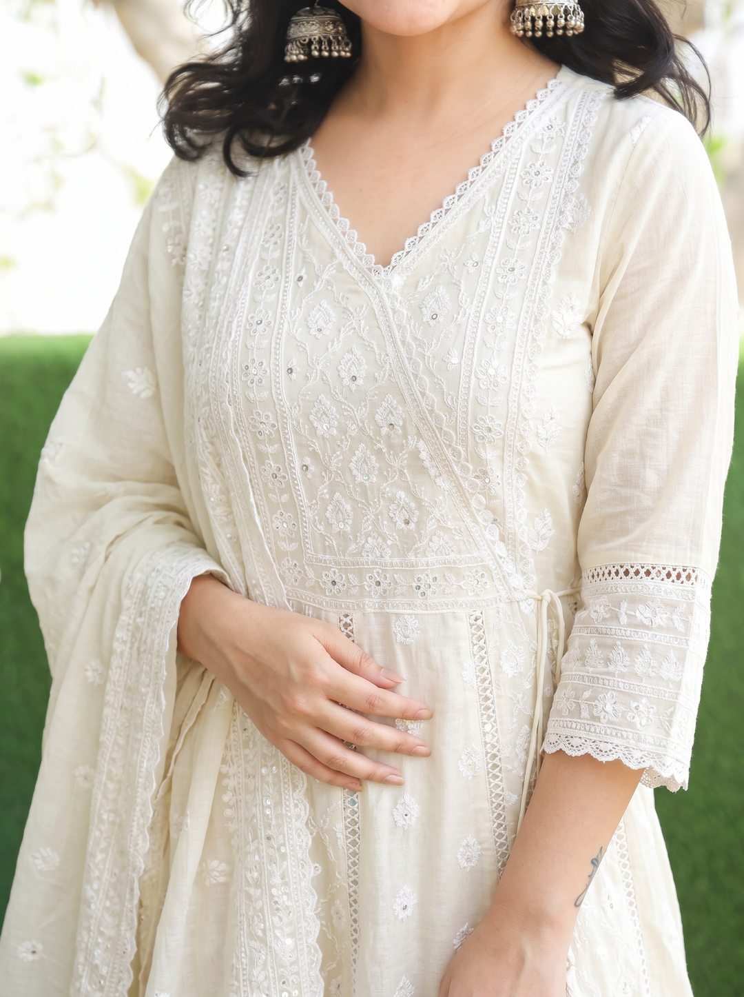 Millie Cream White Anarkali Mul Cotton 3 Piece Set