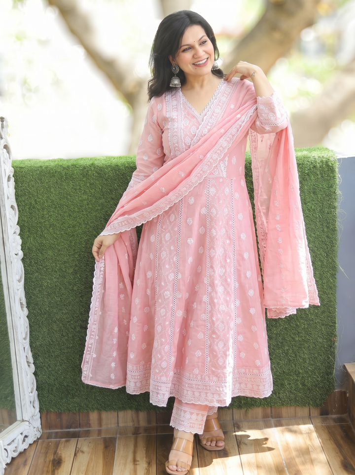Millie Coral Peach Anarkali Mul Cotton 3 Piece Set