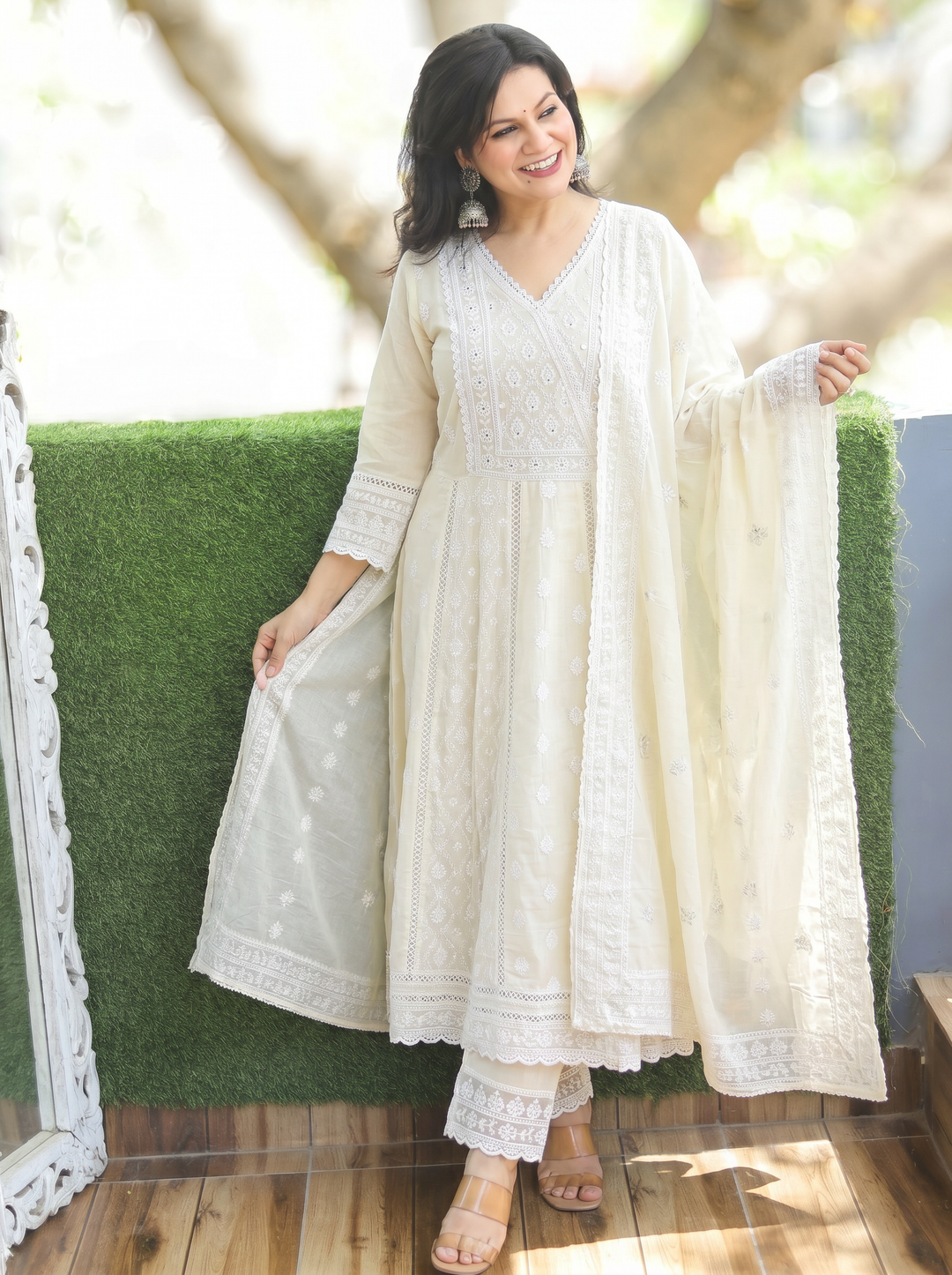 Millie Cream White Anarkali Mul Cotton 3 Piece Set