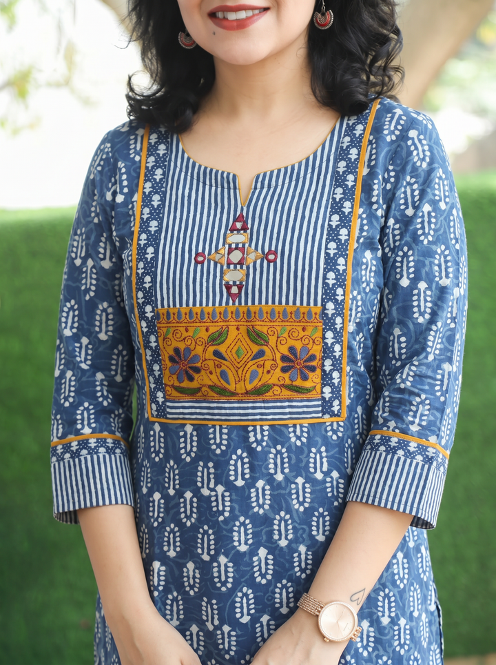 Arya Persian Indigo Embroidered Dabu Printed Cotton Kurti