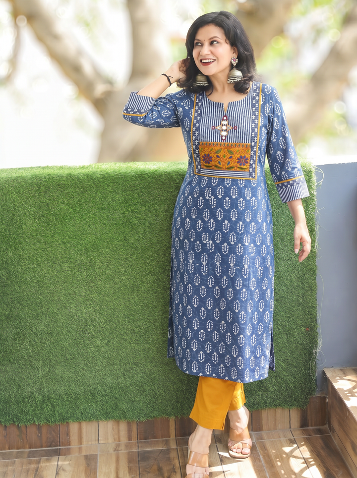 Arya Persian Indigo Embroidered Dabu Printed Cotton Kurti