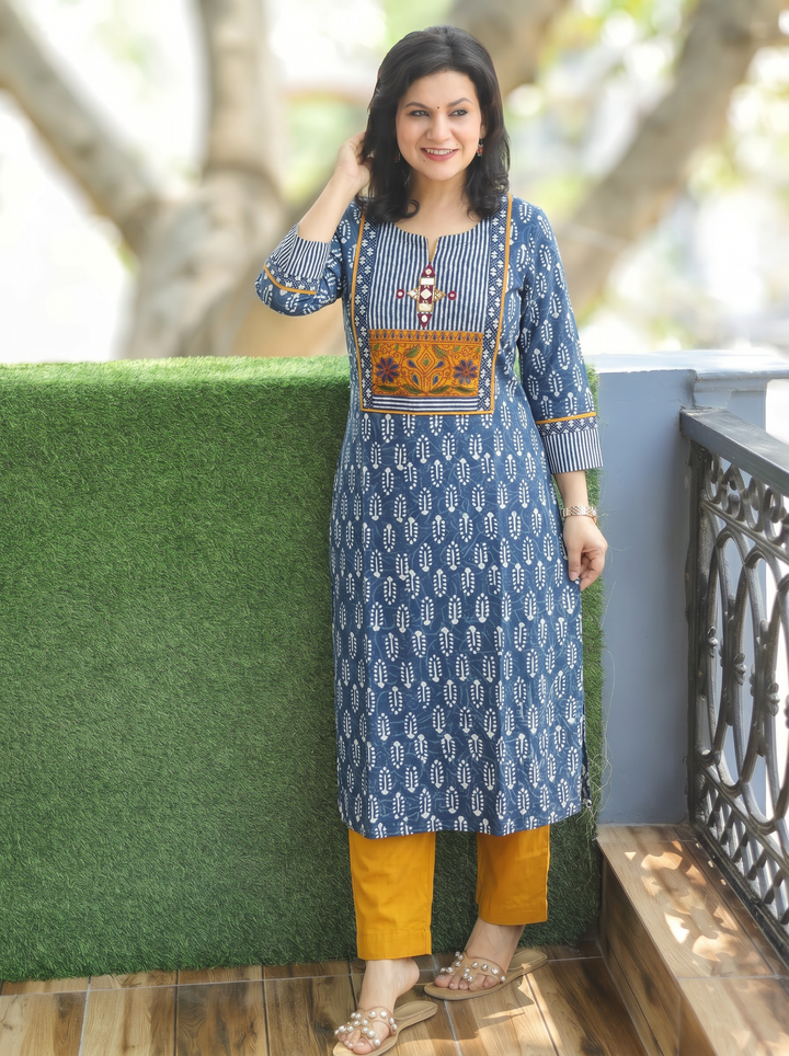 Arya Persian Indigo Embroidered Dabu Printed Cotton Kurti
