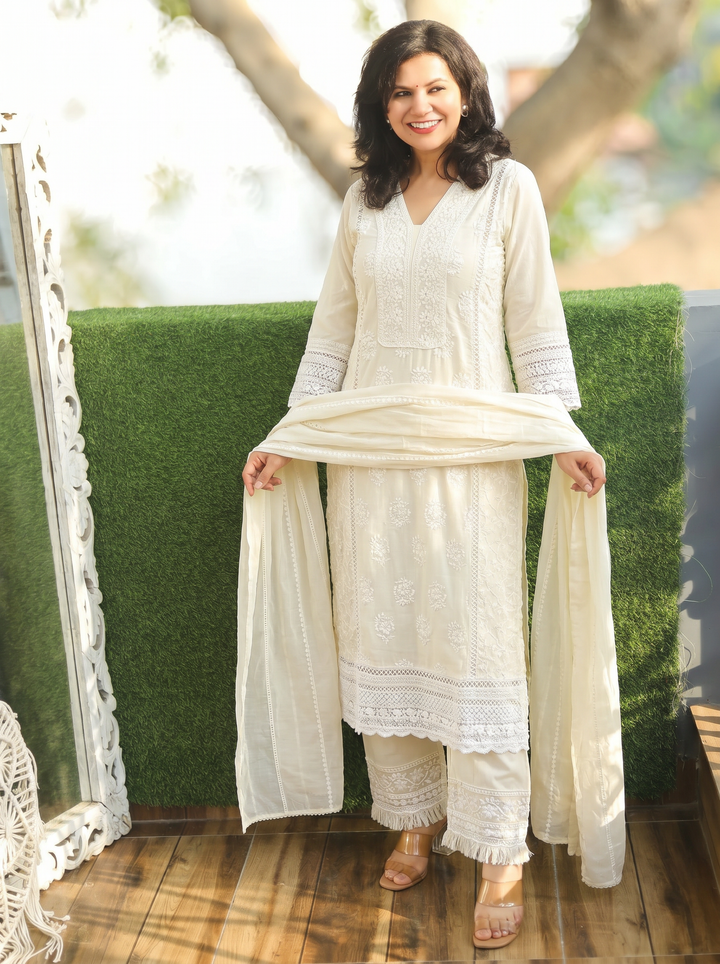 Himani Cream White Embroidered Mul Cotton 3 Piece Set
