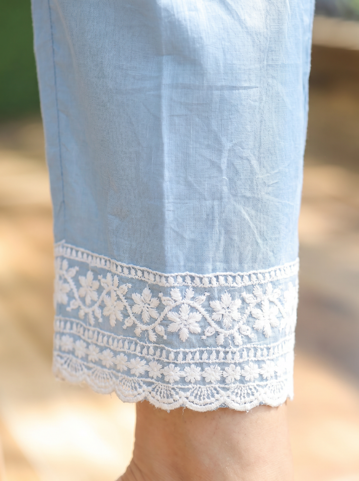 Himani Ice Blue Embroidered Mul Cotton 3 Piece Set