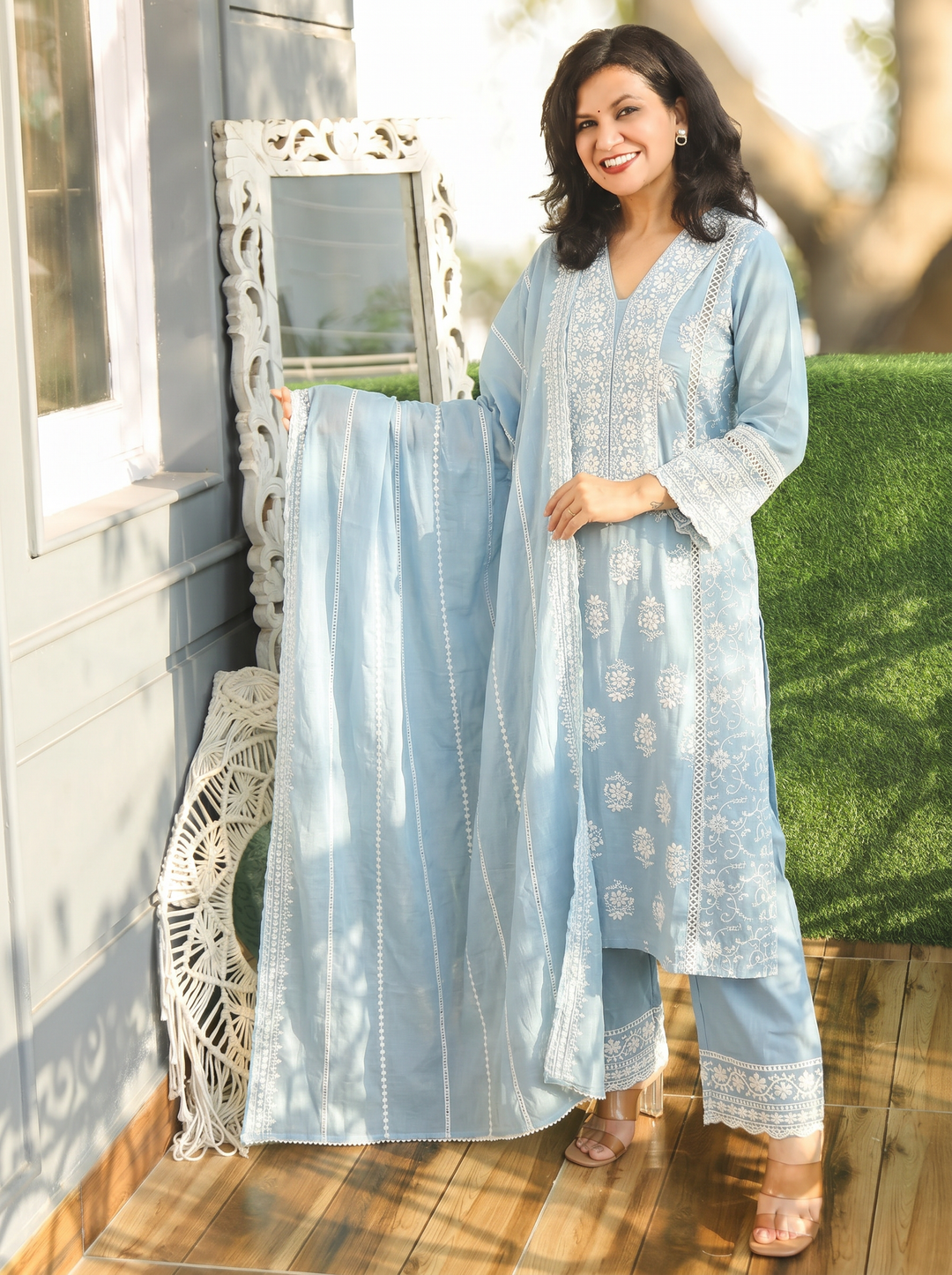 Himani Ice Blue Embroidered Mul Cotton 3 Piece Set
