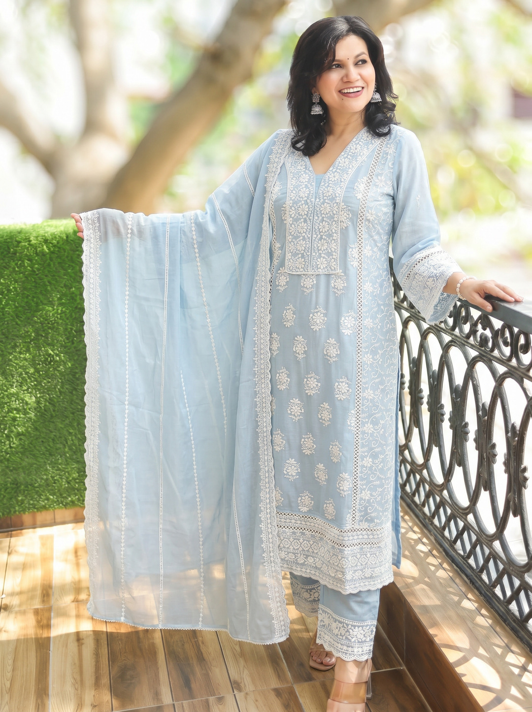 Himani Ice Blue Embroidered Mul Cotton 3 Piece Set