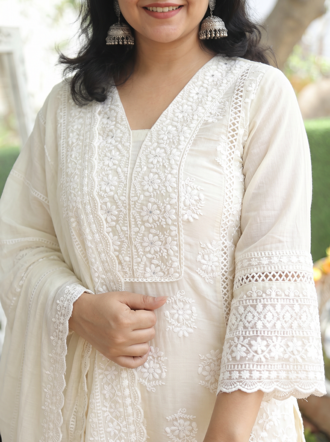 Himani Cream White Embroidered Mul Cotton 3 Piece Set