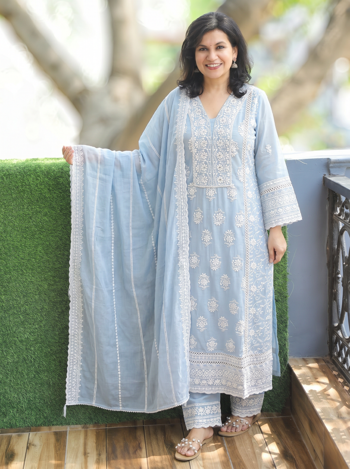 Himani Ice Blue Embroidered Mul Cotton 3 Piece Set