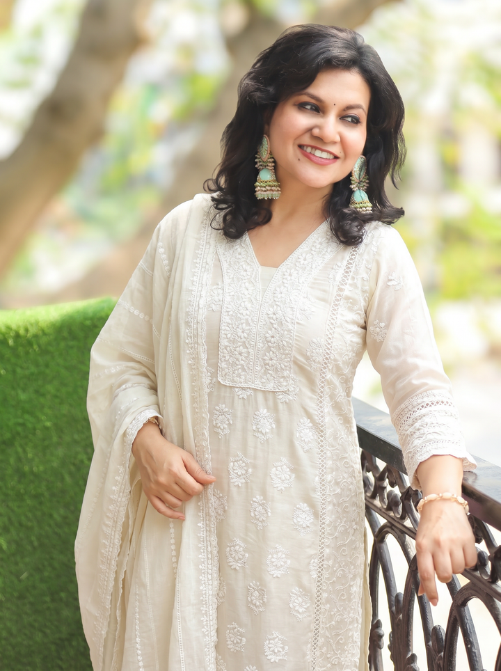 Himani Cream White Embroidered Mul Cotton 3 Piece Set