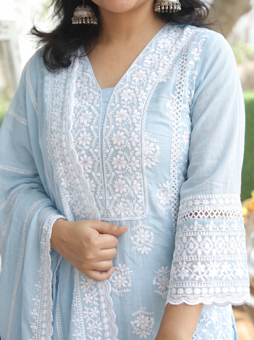 Himani Ice Blue Embroidered Mul Cotton 3 Piece Set