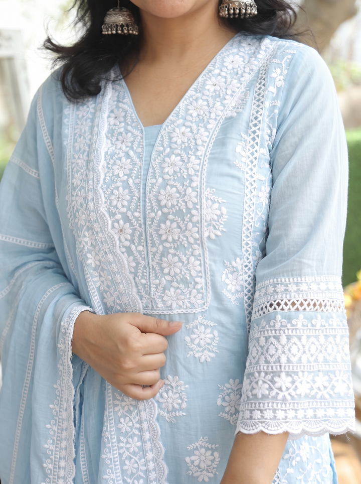 Himani Ice Blue Embroidered Mul Cotton 3 Piece Set