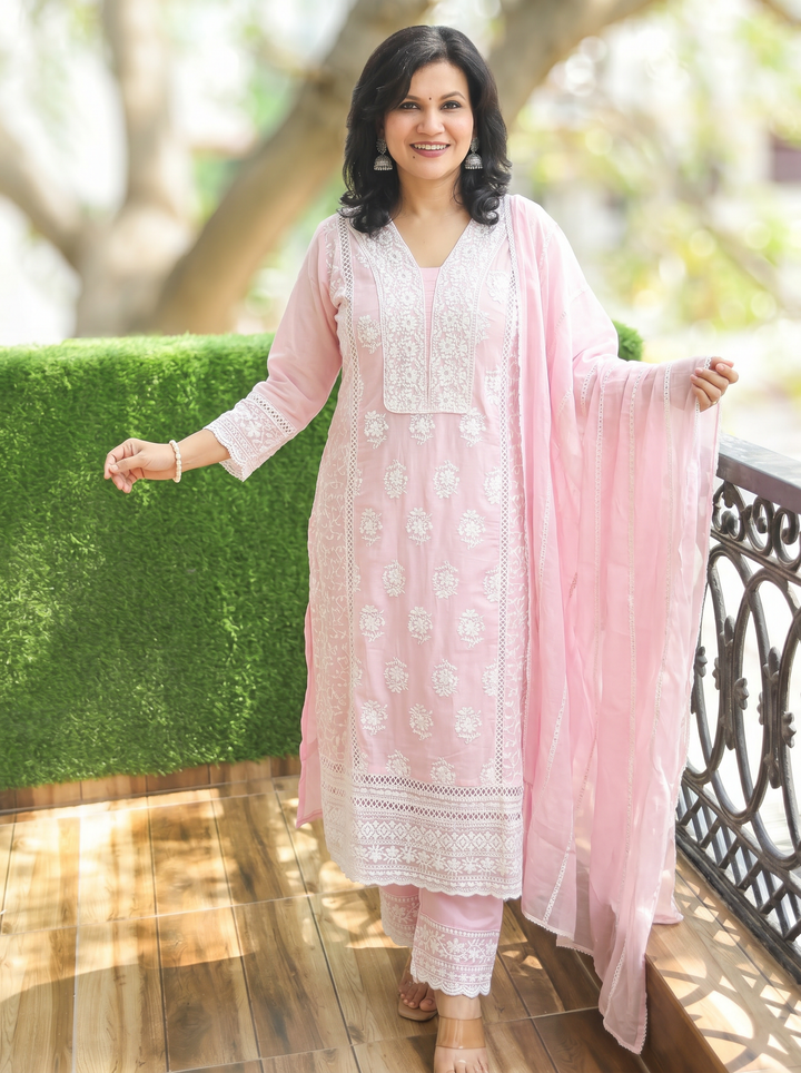 Himani Baby Pink Embroidered Mul Cotton 3 Piece Set