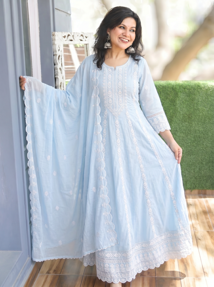 Gracy Ice Blue Anarkali Mul Cotton 3 Piece Set