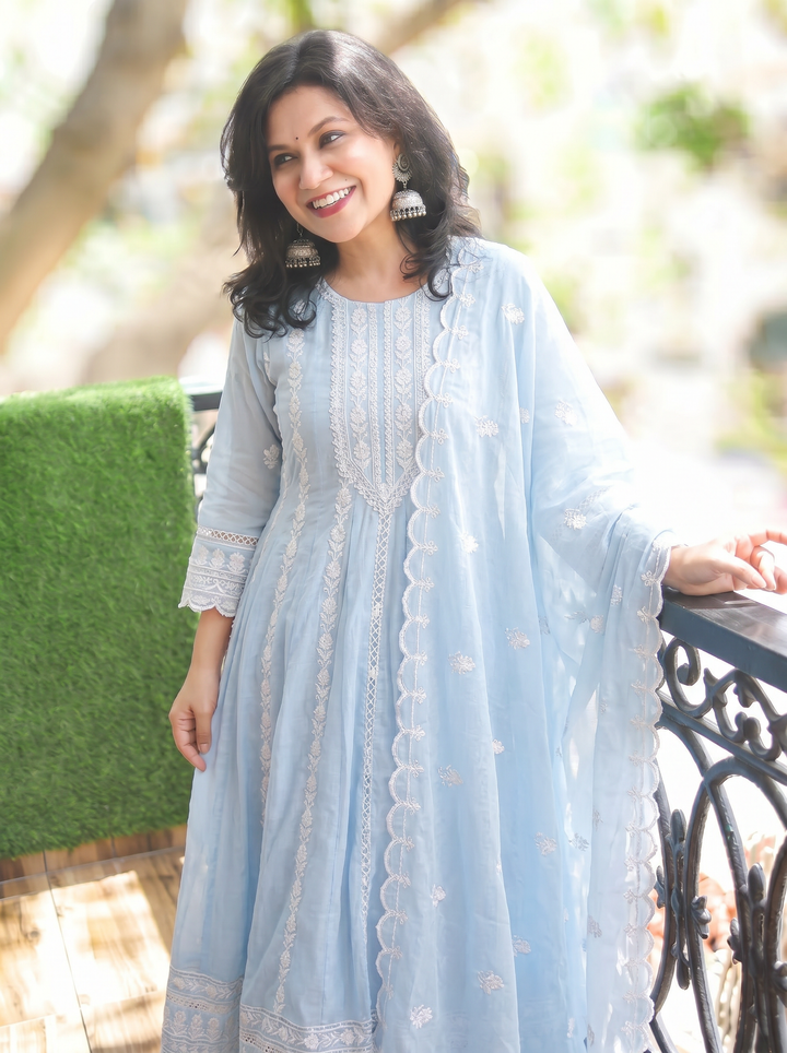 Gracy Ice Blue Anarkali Mul Cotton 3 Piece Set