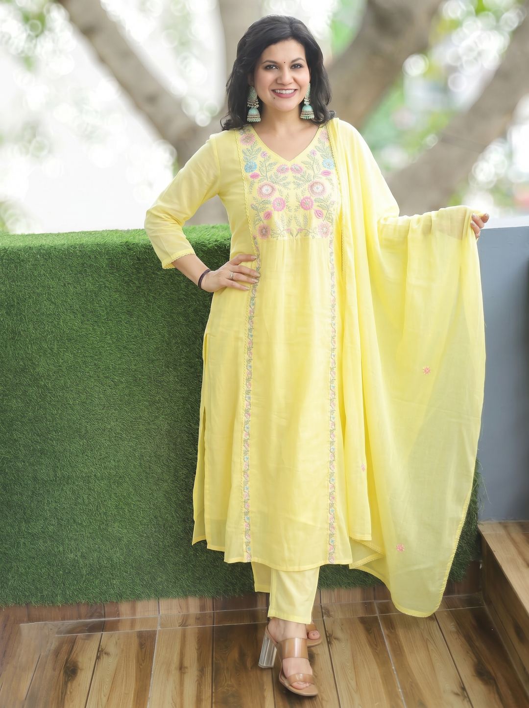 Gracy Butter Yellow Embroidered 3 Piece Set
